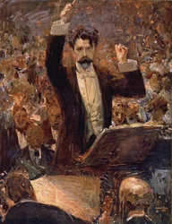Arthur Nikisch (1855-1922) dirigiert ein Konzert im Gewandhaus in Leipzig, 1910